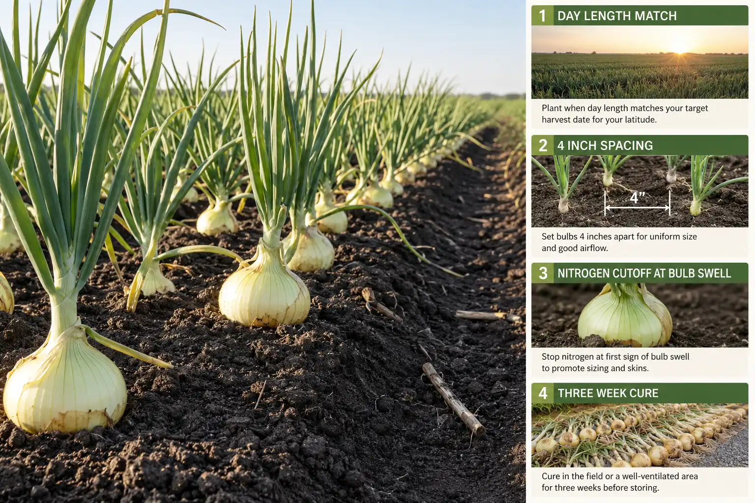 Sweet onions grow from day length matched transplants set 4 inches apart in loose fertile soil, fed nitrogen only until the bulbs begin to swell, then harvested at tops down and cured for three weeks