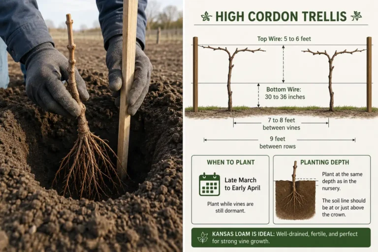 A dormant Concord vine goes into a wide hole at nursery depth with roots fanned downward, spaced 7 to 8 feet apart in 9 foot rows, and trained to a high cordon trellis with the top wire 5 to 6 feet up