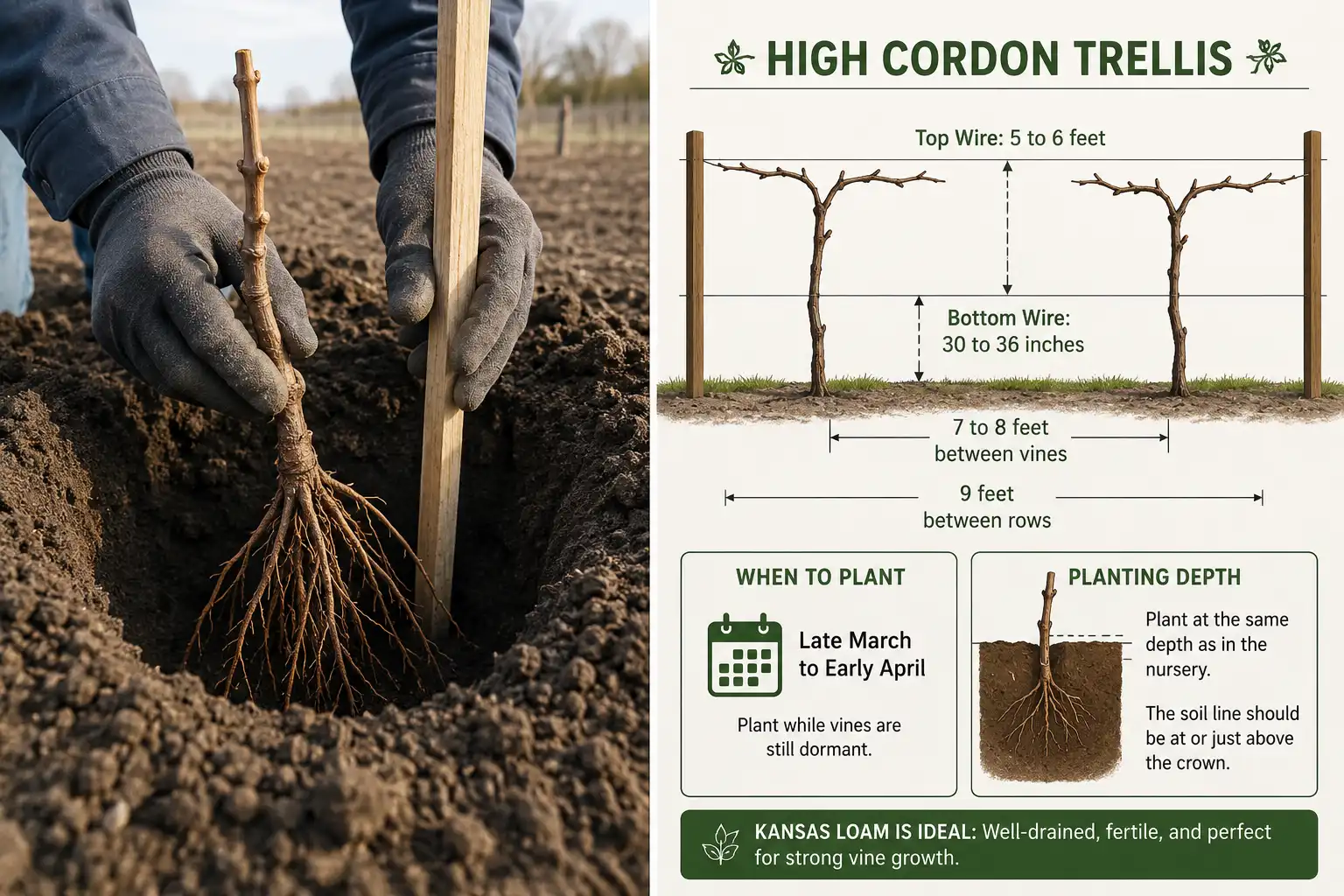 A dormant Concord vine goes into a wide hole at nursery depth with roots fanned downward, spaced 7 to 8 feet apart in 9 foot rows, and trained to a high cordon trellis with the top wire 5 to 6 feet up