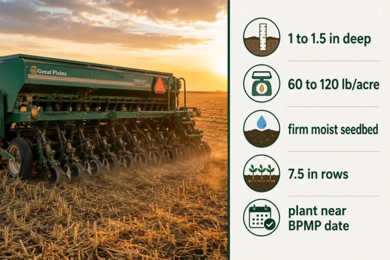 No-till grain drill seeding winter wheat 1 to 1.5 inches deep at 60 to 120 pounds per acre into firm soybean stubble