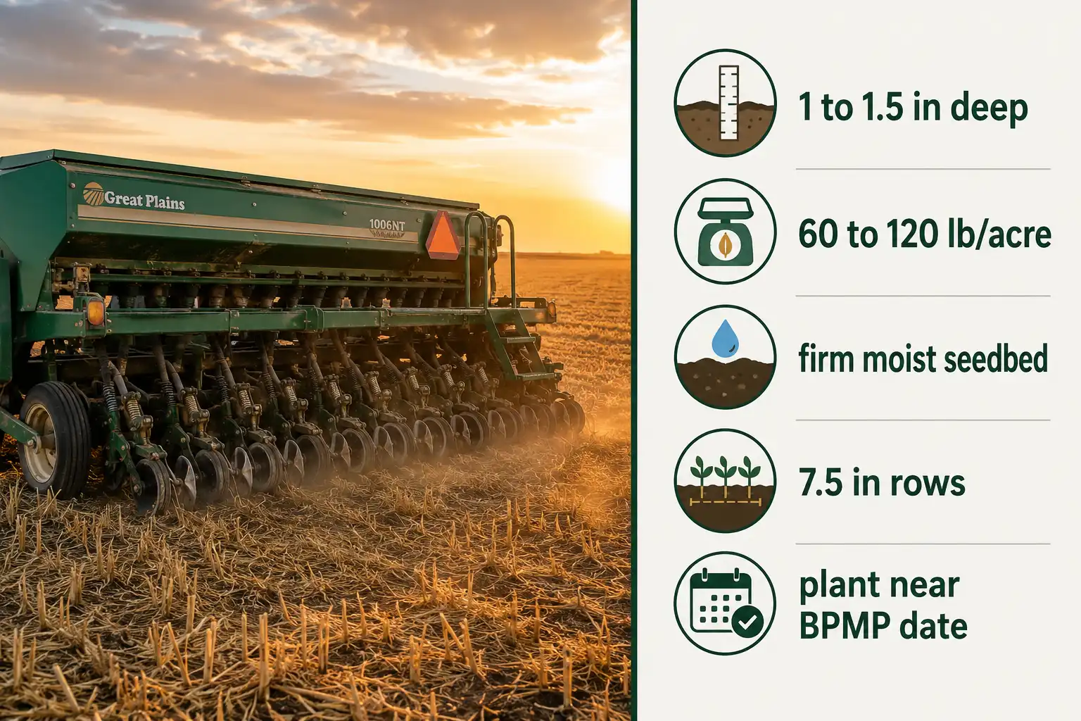 No-till grain drill seeding winter wheat 1 to 1.5 inches deep at 60 to 120 pounds per acre into firm soybean stubble