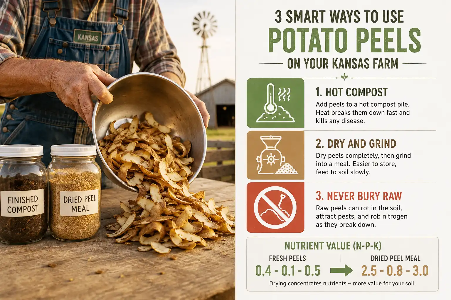 Fresh potato peels split into two useful routes, hot composting and drying into ground peel meal, with fresh peels testing near 0.4-0.1-0.5 and dried peels near 2.5-0.8-3.0