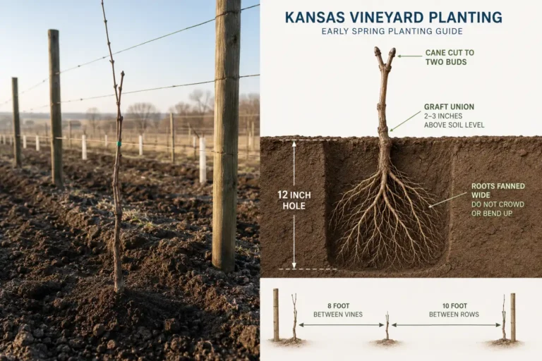 Diagram of how to plant grapes, with hole depth, root spread, graft union height above soil, and 8 by 10 foot vine spacing.