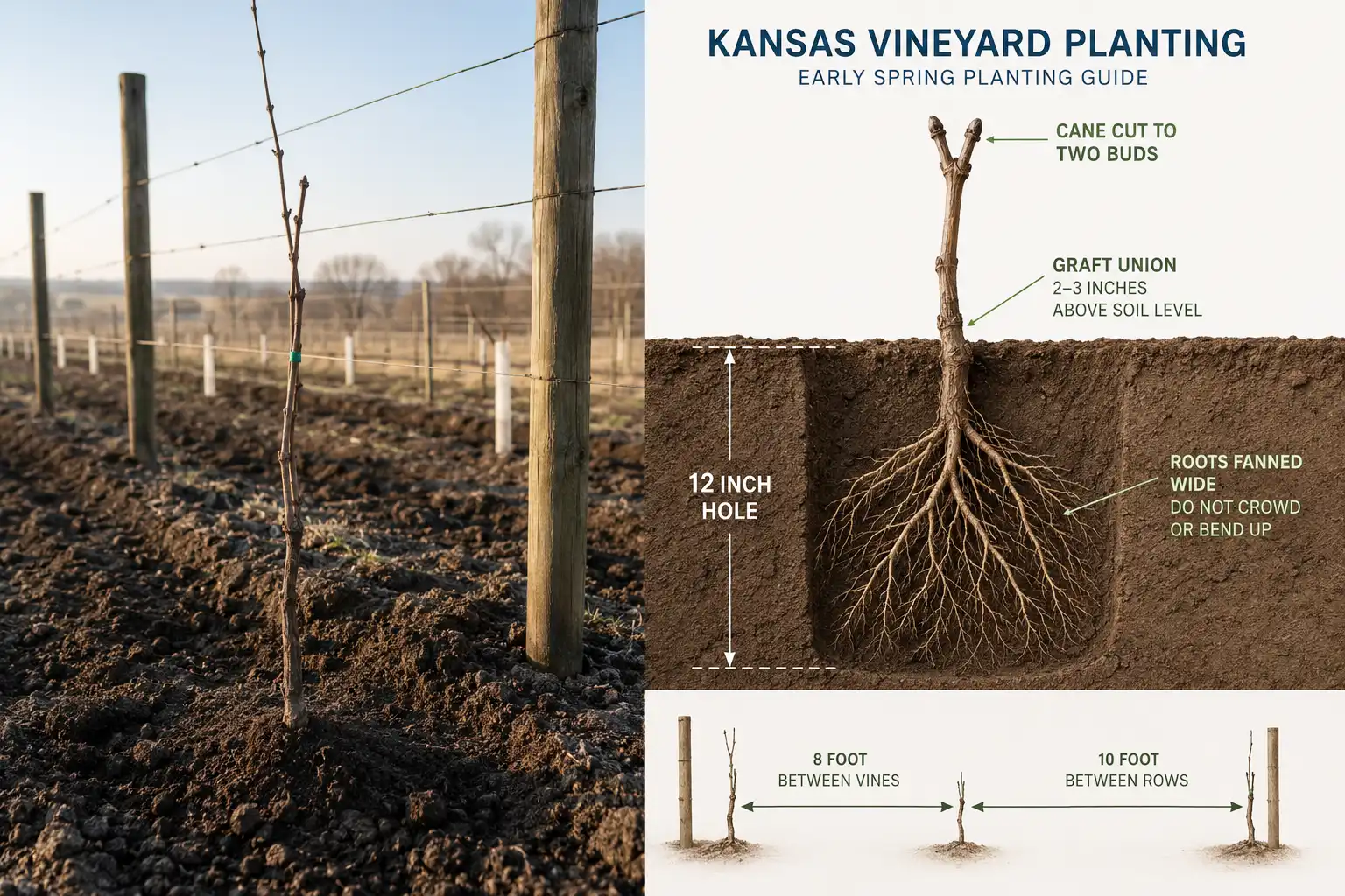 Diagram of how to plant grapes, with hole depth, root spread, graft union height above soil, and 8 by 10 foot vine spacing.