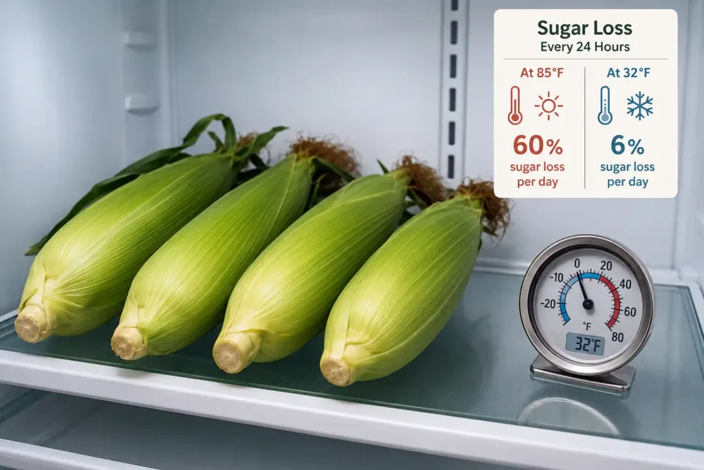 Florida sweet corn holds its sugar when stored husks on at 32 degrees Fahrenheit.