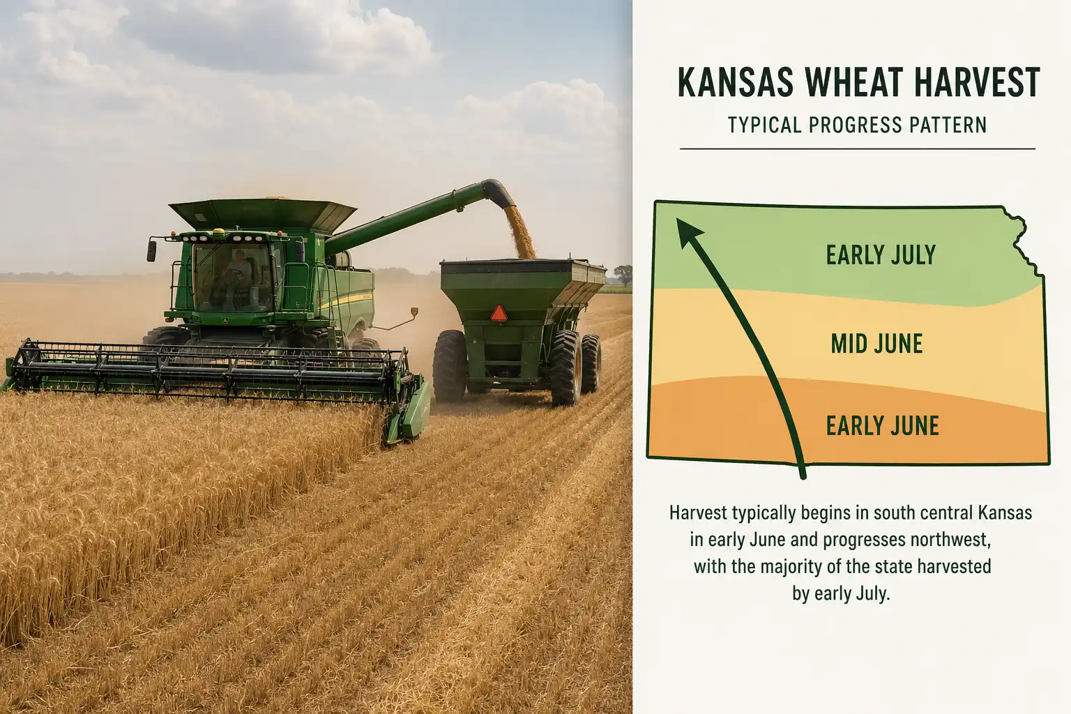 Wheat harvest in Kansas begins in early June in south central counties and finishes by mid July, shown as a shaded state map beside a combine cutting ripe hard red winter wheat