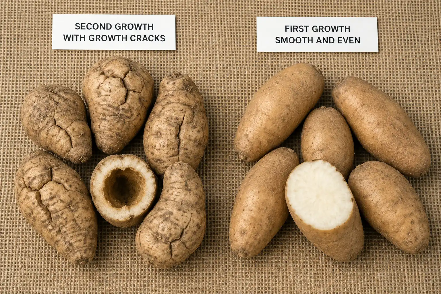 Late nitrogen produces knobby second growth and hollow centers, while balanced feeding gives smooth tubers with solid flesh.