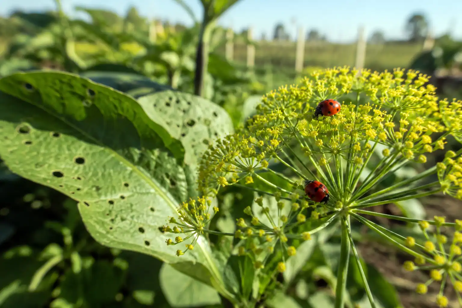 Lady beetles on a dill flower head next to eggplant foliage showing flea beetle shot hole damage, illustrating how flowering herbs support beetle predators