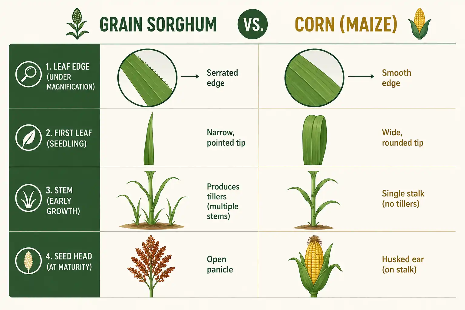 Corn has smooth leaf margins, one large first leaf, a single stalk, and a husked ear, while sorghum has serrated margins, a small rounded first leaf, tillers, and an open panicle.