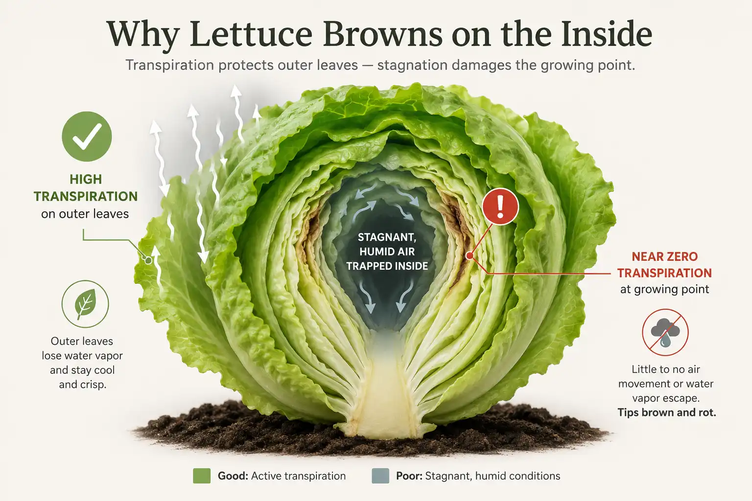 Tipburn strikes the enclosed growing point of a lettuce head because wrapped leaves trap humid air and stop the transpiration that carries calcium inward