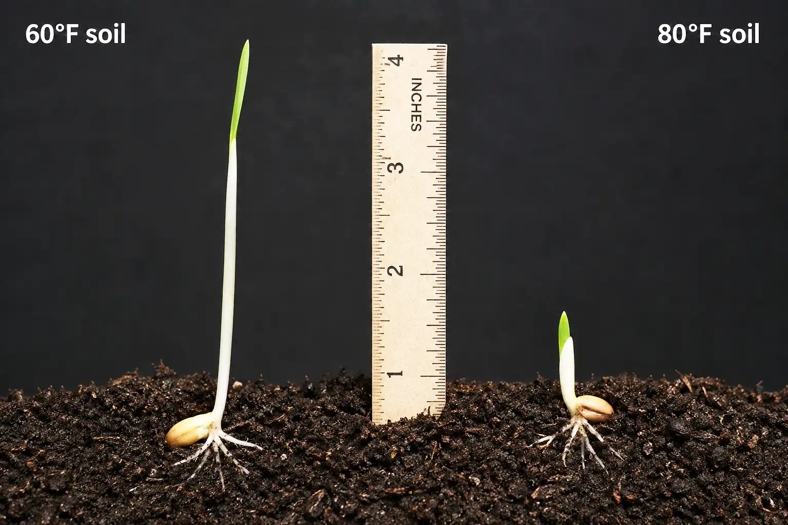 Two wheat seedlings compared with a ruler showing coleoptile shortening from about 3 inches at 60°F to 1.5 inches at 80°F