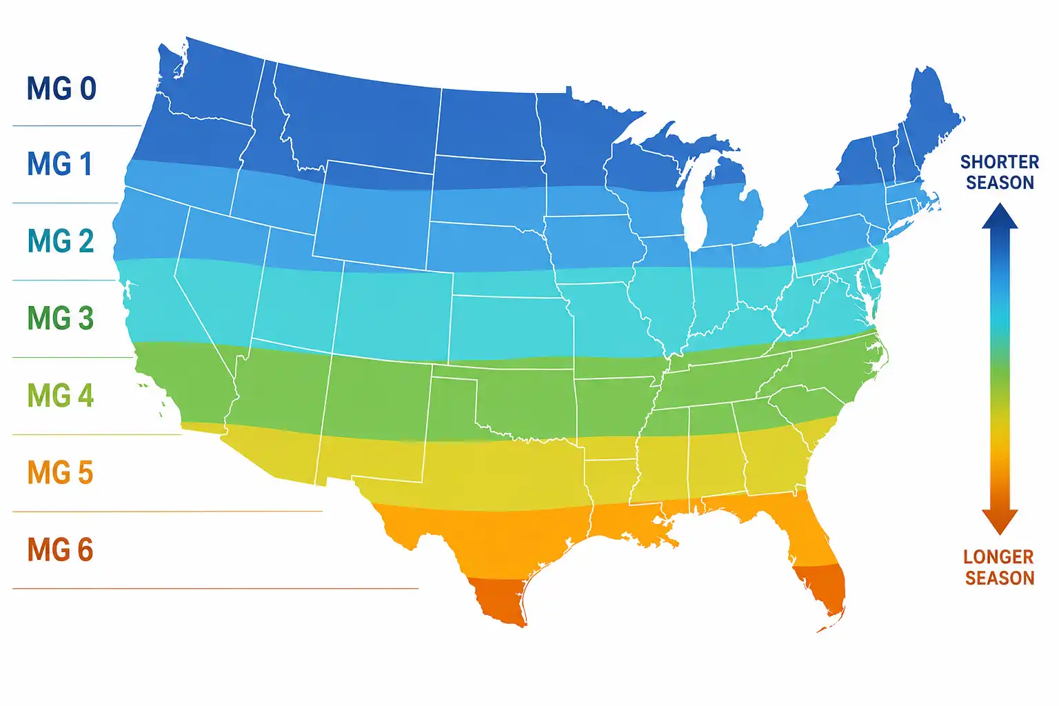 Maturity group sets season length by latitude, running from MG 0 across North Dakota to MG 6 in southern Georgia and South Carolina.