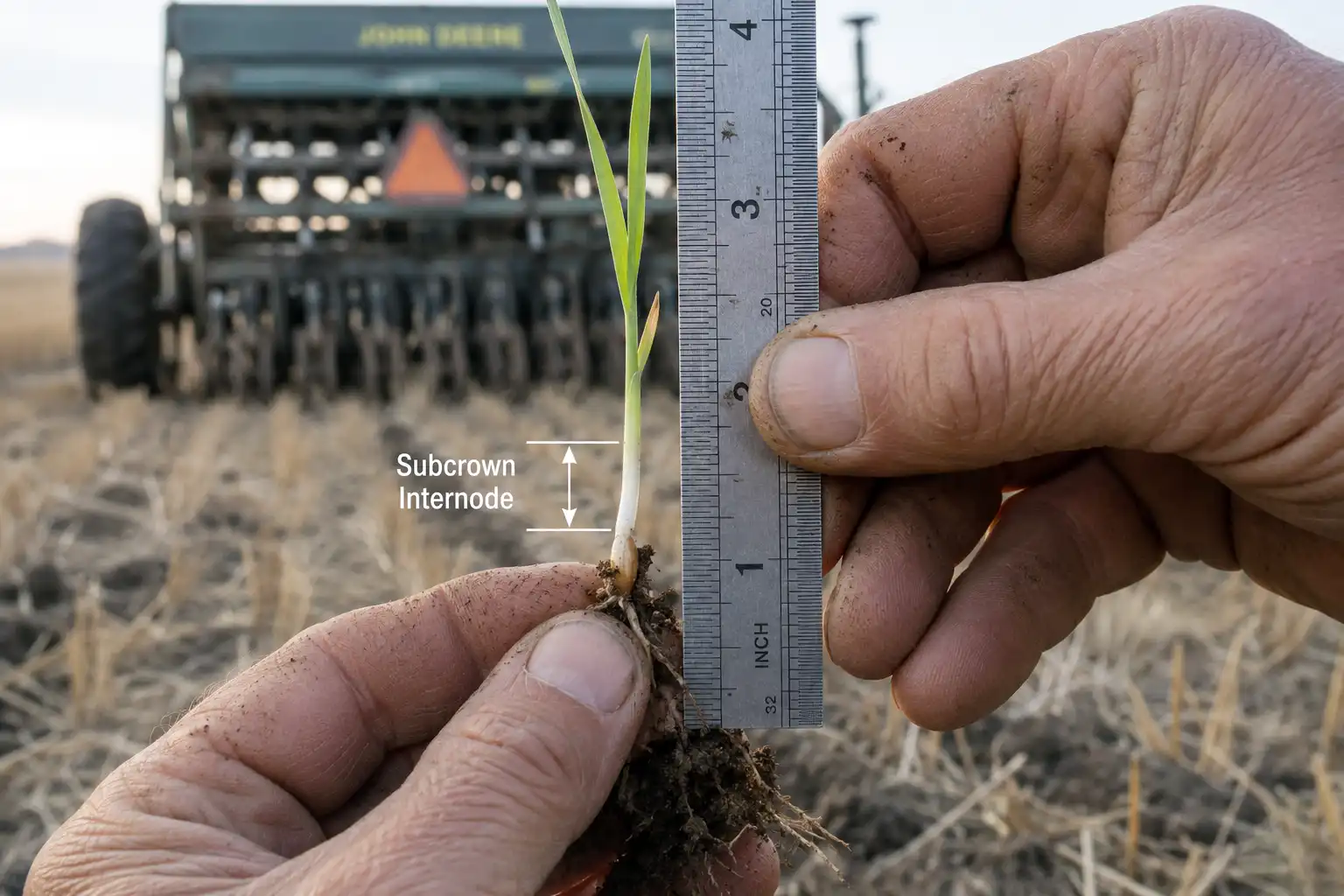 Measuring from the seed to the crown along the white subcrown internode confirms how deep the wheat actually went, checked against a steel ruler after emergence.