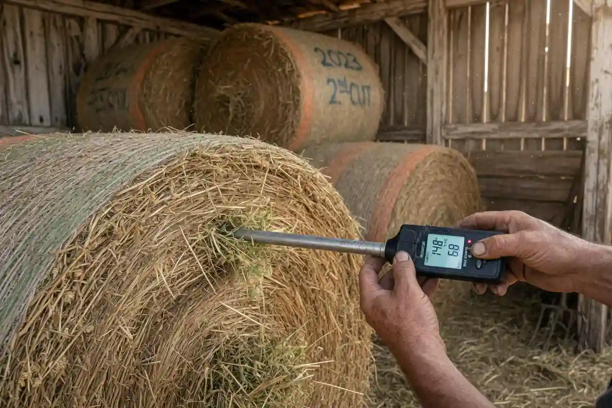 Round bales of sorghum-sudan hay are safe at 18 percent moisture or less, checked with a probe rather than by feel.