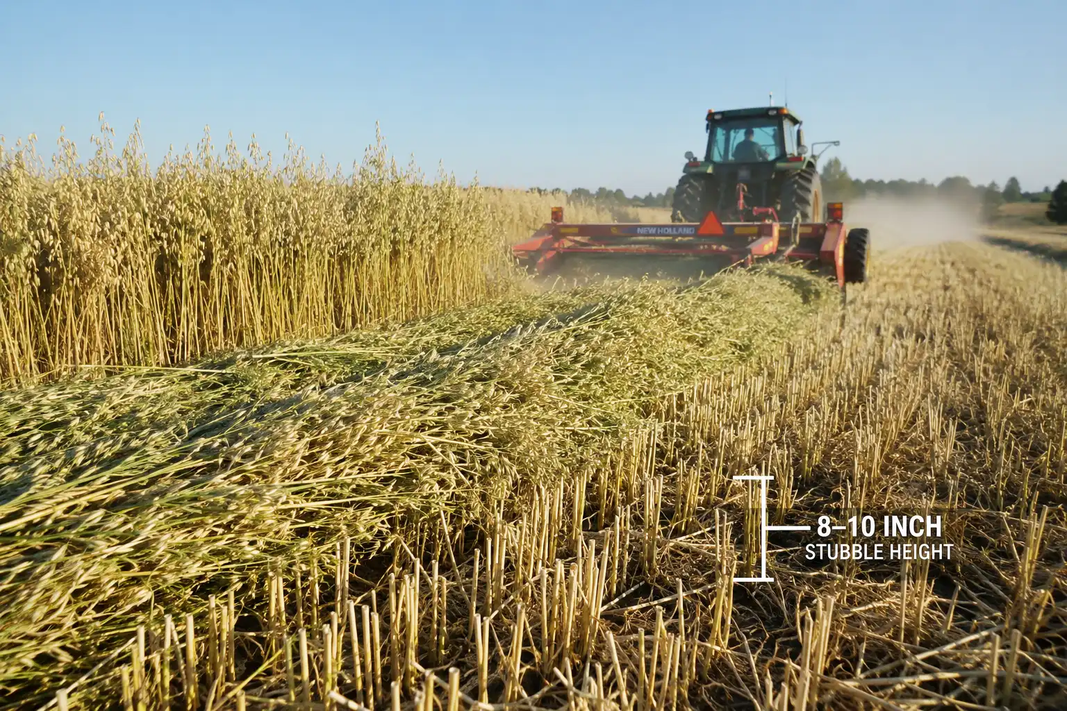Running oats through a mower conditioner cracks the hollow stems so water escapes faster, and a four inch stubble height keeps the wide swath off wet ground.