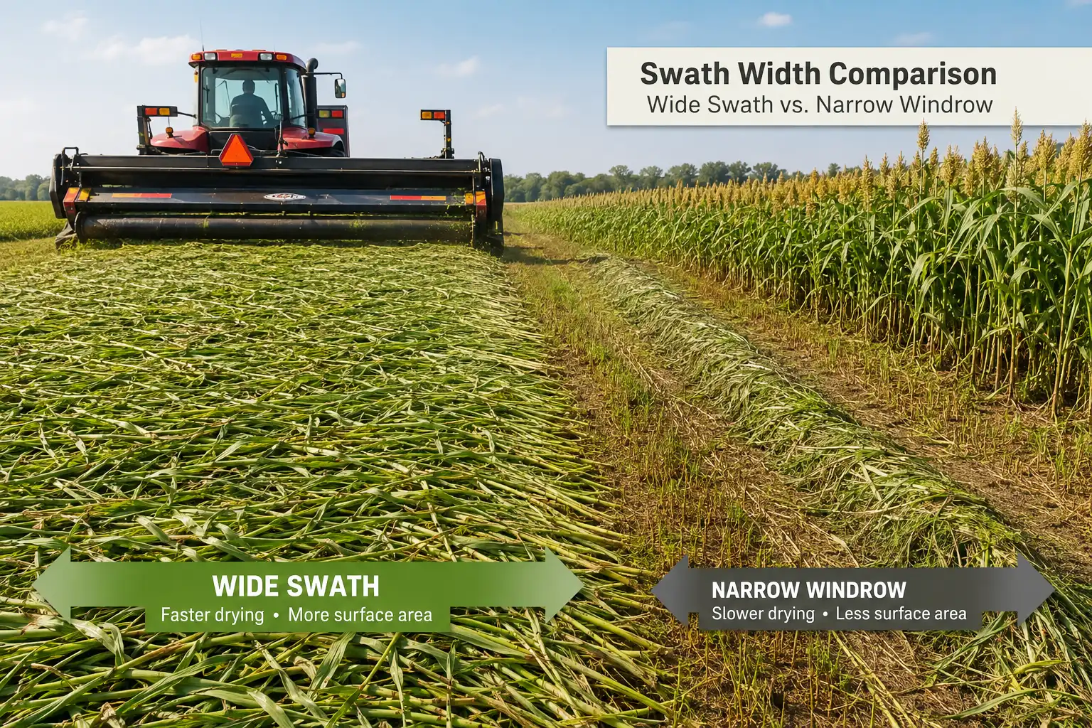 Thick sorghum-sudan stems dry faster when a roller conditioner crushes them and the mower lays the widest possible swath.