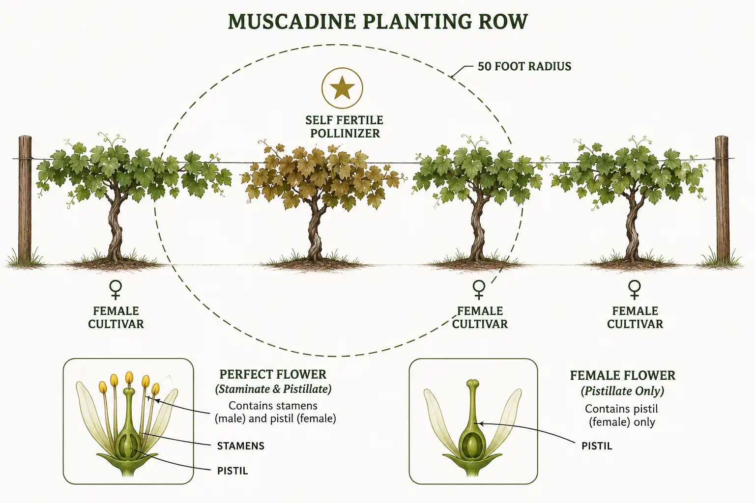 Diagram of how to pollinate female scuppernong grapes by planting a self fertile muscadine within 50 feet, with perfect and female flower cross sections