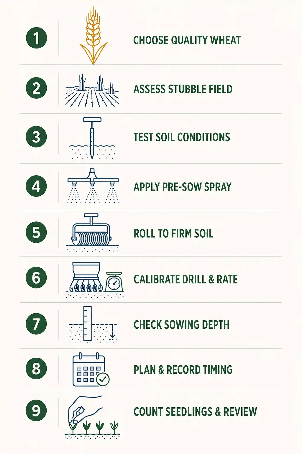 Nine step wheat planting sequence of class selection, previous crop check, soil test, burndown, seedbed firming, drill calibration, depth setting, planting date, and stand count