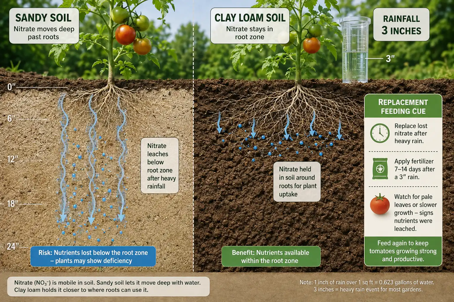 Three inches of rain in three days pushes nitrate below the tomato root zone in sandy soil while clay loam holds it, so sandy ground takes an extra light feeding