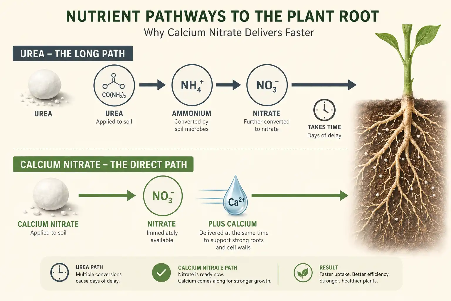 Nitrate nitrogen feeds roots as soon as it dissolves, while urea must convert to ammonium and then to nitrate before plants can use it