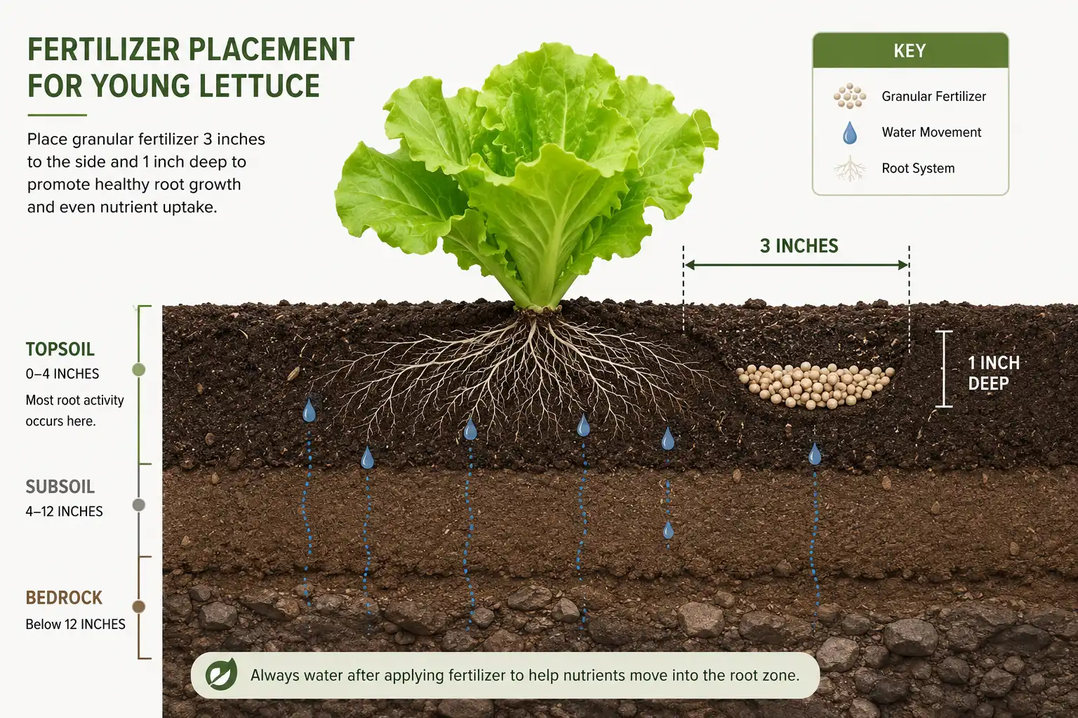 Soil cross section showing a granular nitrogen band set 3 inches to the side of a young lettuce plant and 1 inch deep, with water carrying nutrients into the shallow root layer