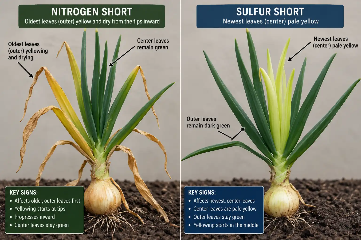 Two onion plants compared, one with older outer leaves fading from the tips and one with pale new leaves at the center.