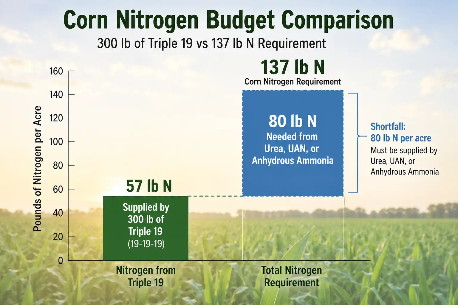300 pounds of 19-19-19 supplies only 57 pounds of nitrogen against a 137 pound corn budget, leaving about 80 pounds to come from urea or UAN.