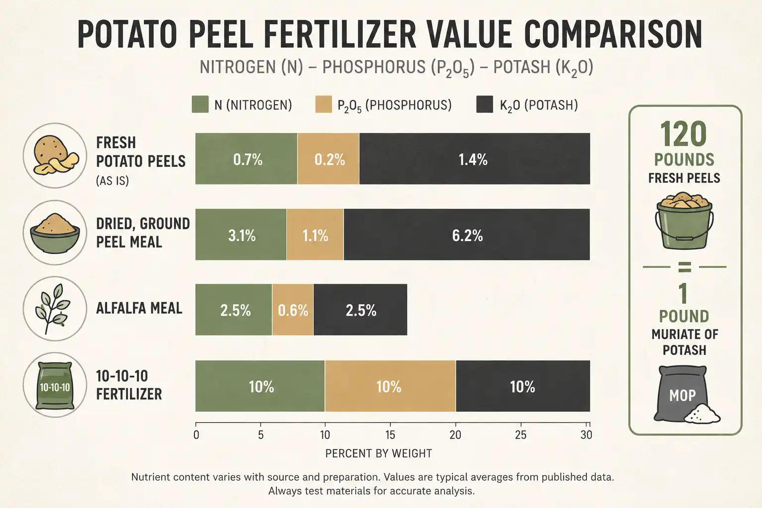 Bar chart placing fresh potato peels near 0.4-0.1-0.5, dried peel meal near 2.5-0.8-3.0, alfalfa meal near 2.5-0.5-2.5, and bagged 10-10-10 far above all three