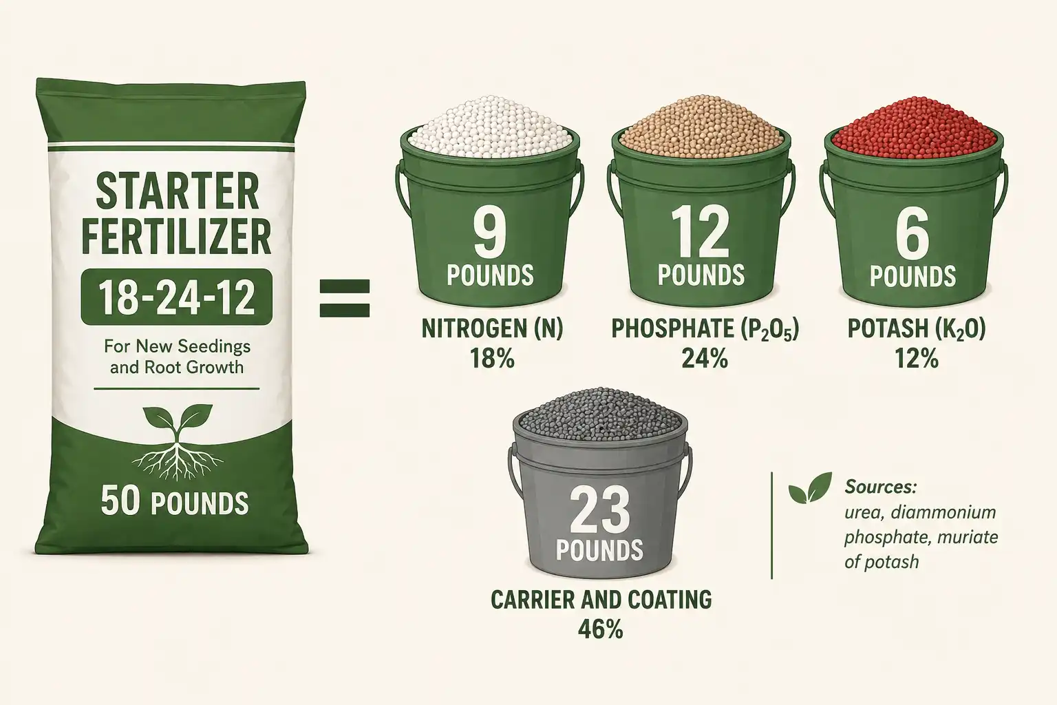 A 50 pound bag of 18-24-12 holds 9 pounds of nitrogen, 12 pounds of phosphate, 6 pounds of potash, and 23 pounds of carrier and coating