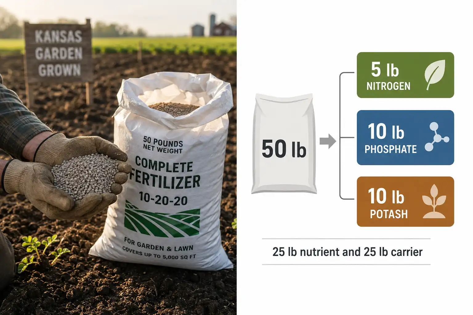 A 50 pound bag of 10-20-20 fertilizer holds 5 pounds of nitrogen, 10 pounds of phosphate, and 10 pounds of potash.