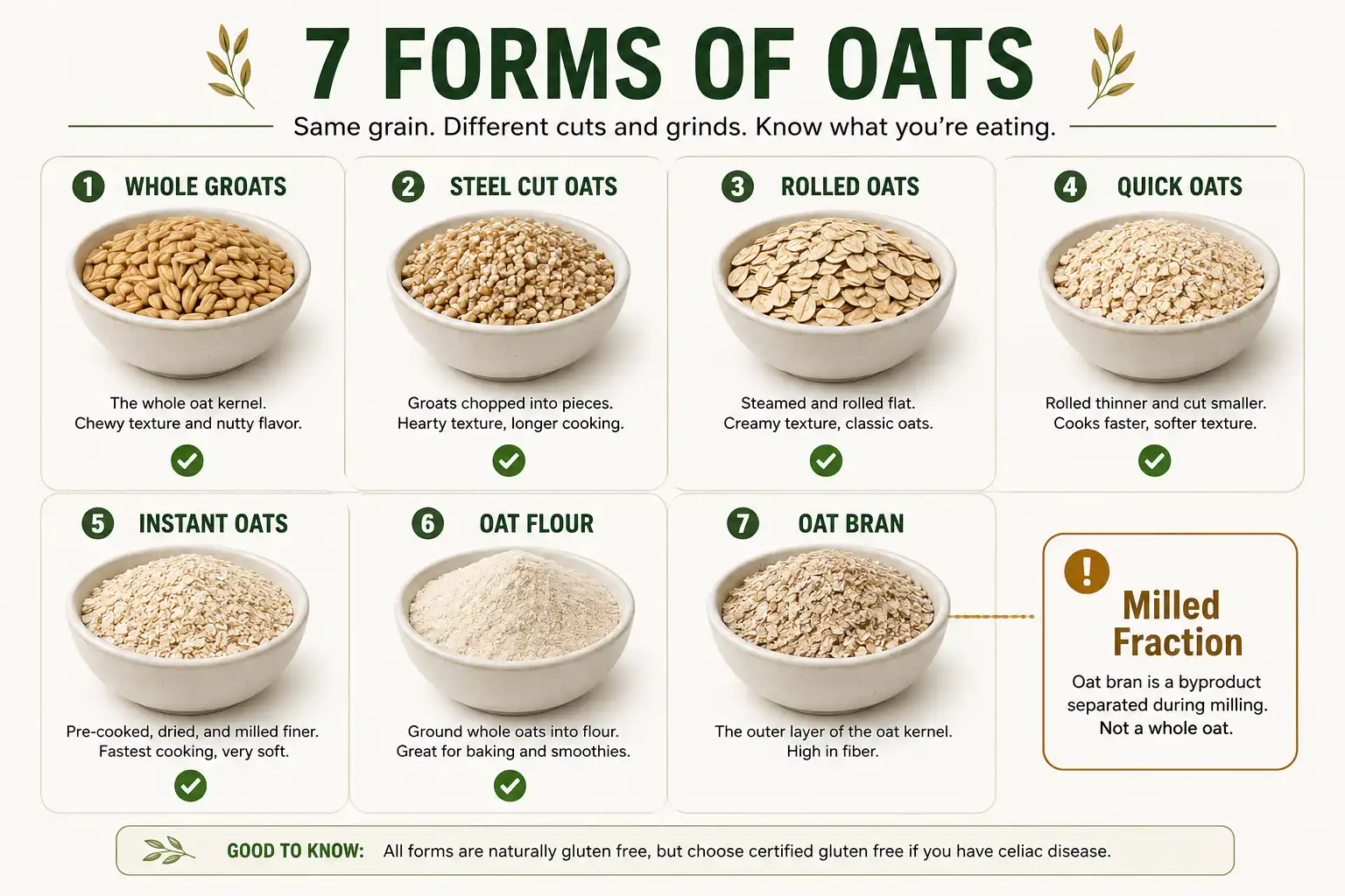 Groats, steel cut, rolled, quick, and instant oats plus oat flour all retain bran, germ, and endosperm and count as whole grain, while oat bran alone is a milled fraction