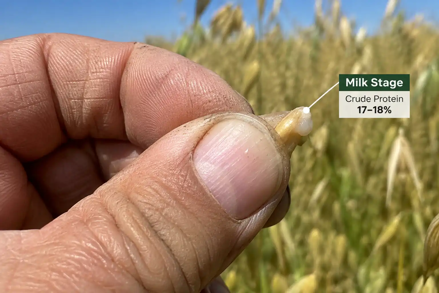 An oat kernel that presses into paste with no free liquid marks the soft dough stage, which is the last point that still makes good quality hay.