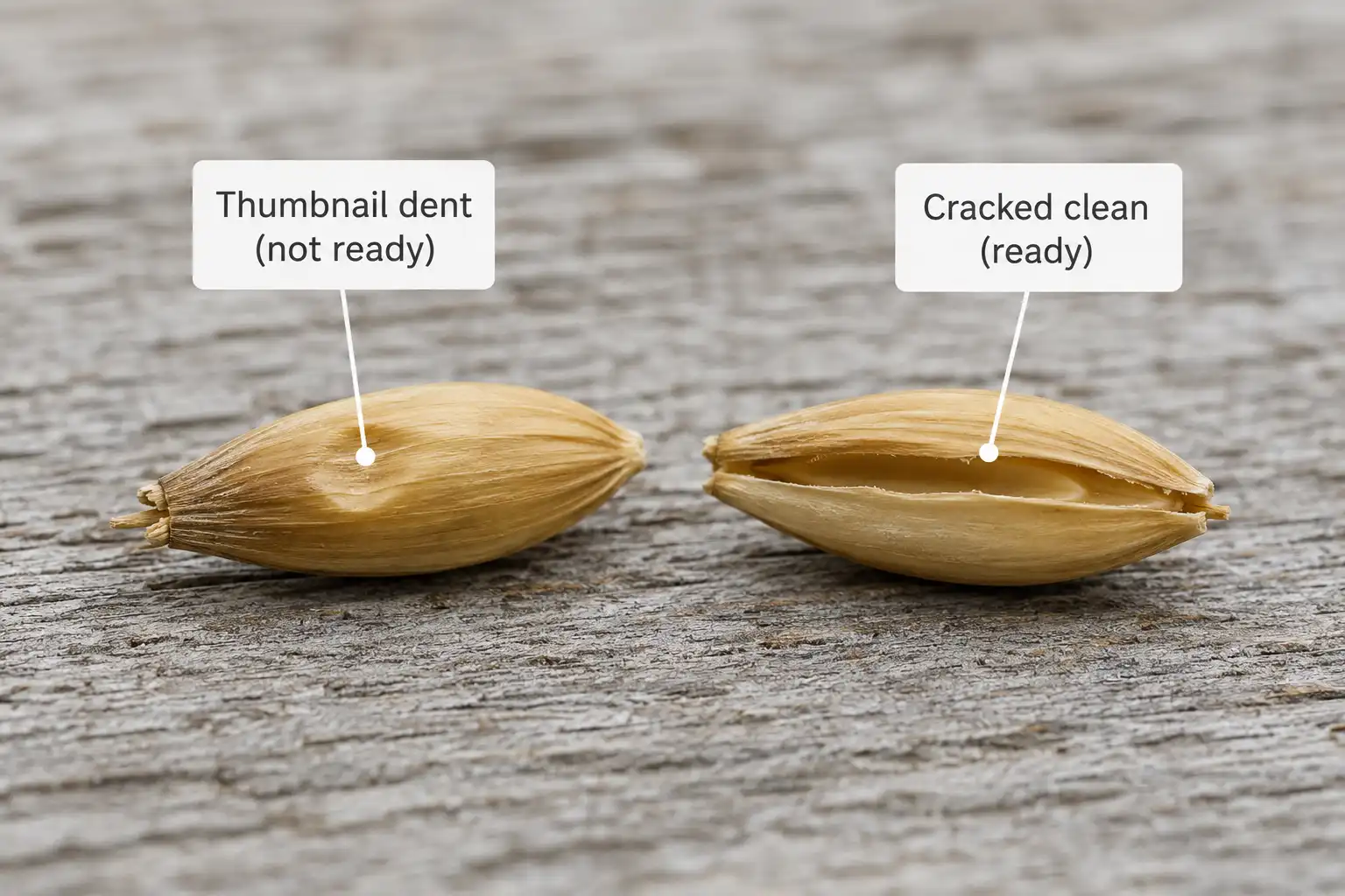 An oat kernel that dents but will not split marks hard dough, while a kernel that cracks clean marks harvest ripe.