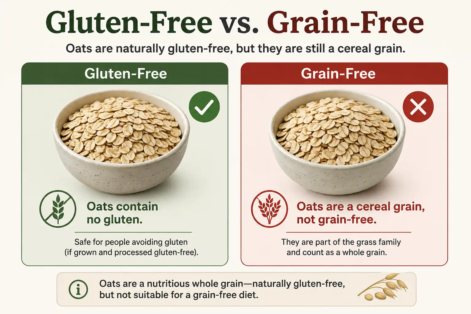 Oats fit a gluten-free diet when tested below 20 parts per million, yet they are excluded from grain-free and paleo diets because they remain a true cereal grain