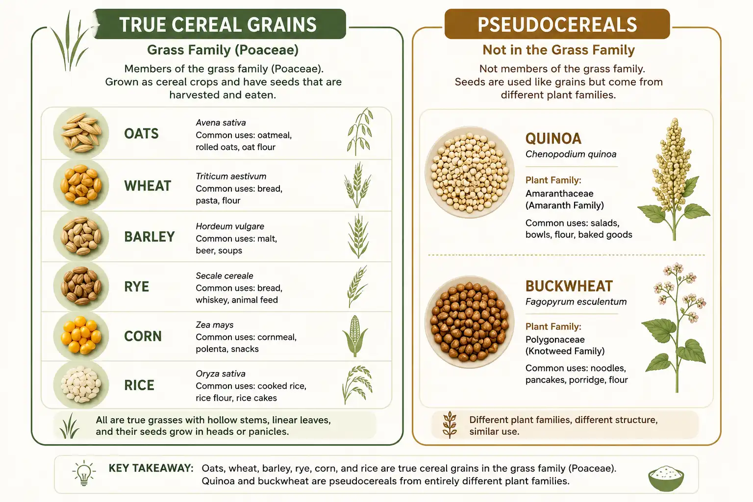 Oats belong to the grass family Poaceae along with wheat, barley, rye, corn, and rice, while quinoa and buckwheat come from separate plant families and count as pseudocereals