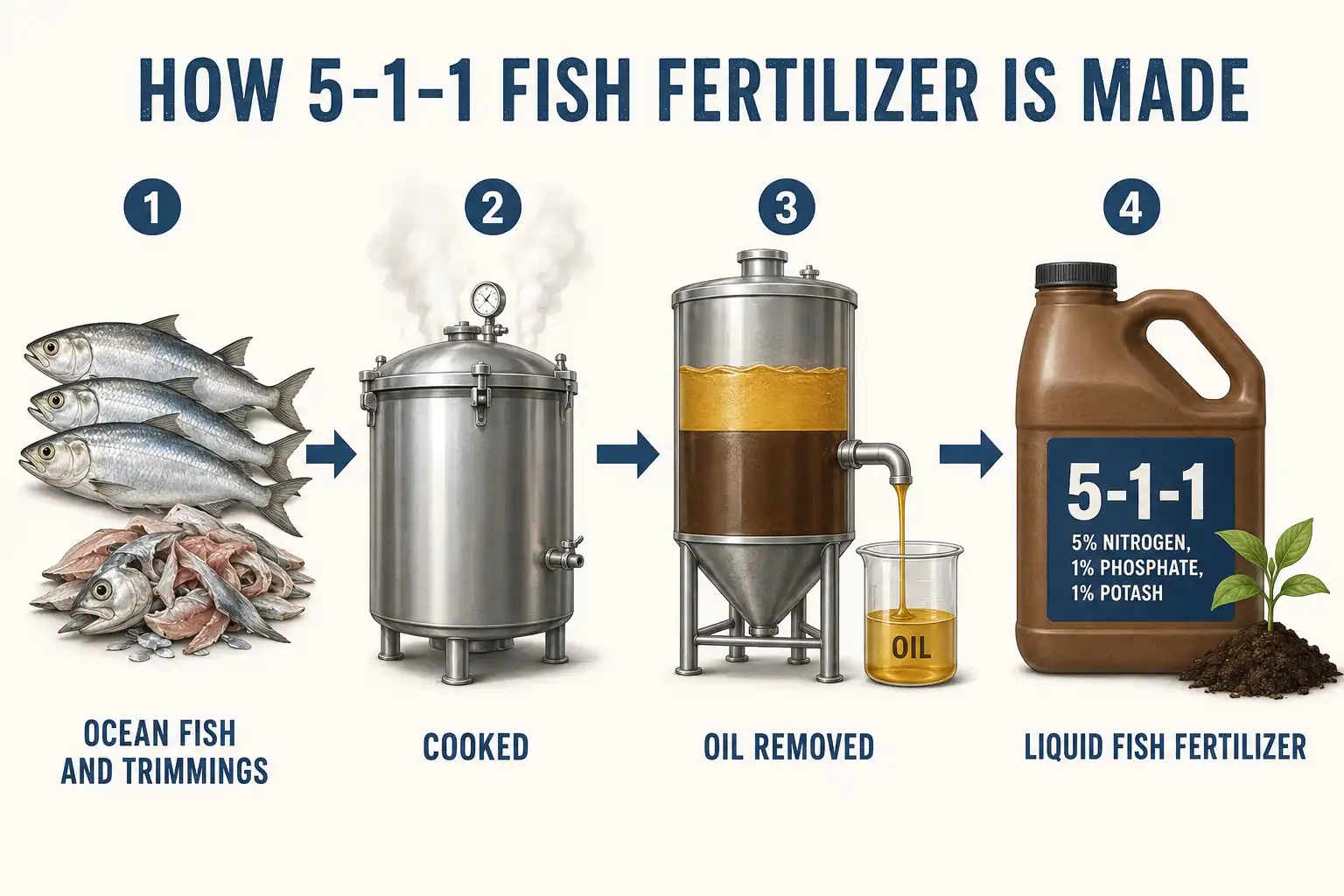 Fish fertilizer is made by cooking ocean fish, drawing the oil off for other markets, then concentrating the remaining solubles into a liquid graded 5 percent nitrogen, 1 percent phosphate, and 1 percent potash