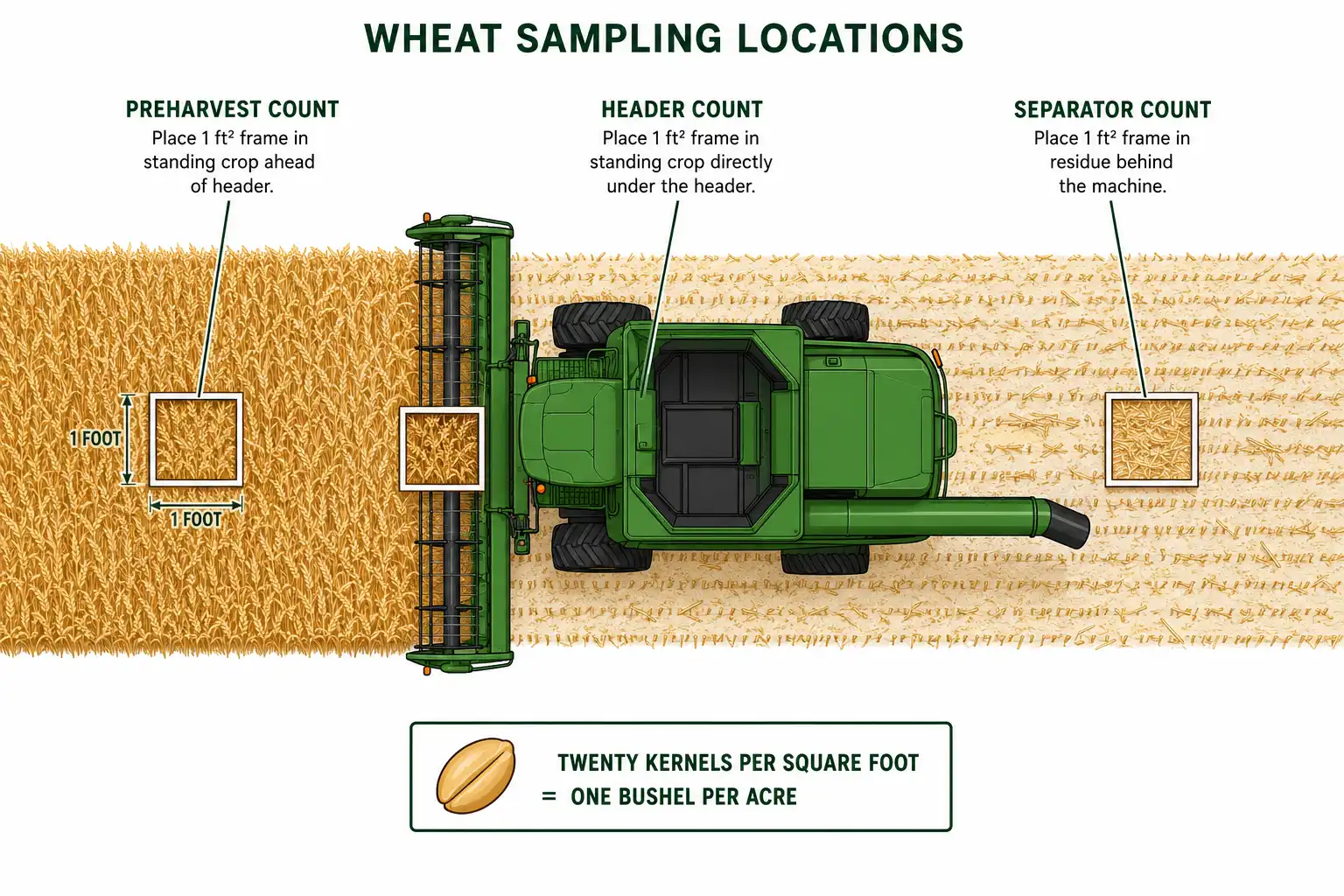 Counting kernels in one foot squares ahead of, under, and behind the combine separates preharvest loss from header and separator loss in wheat.