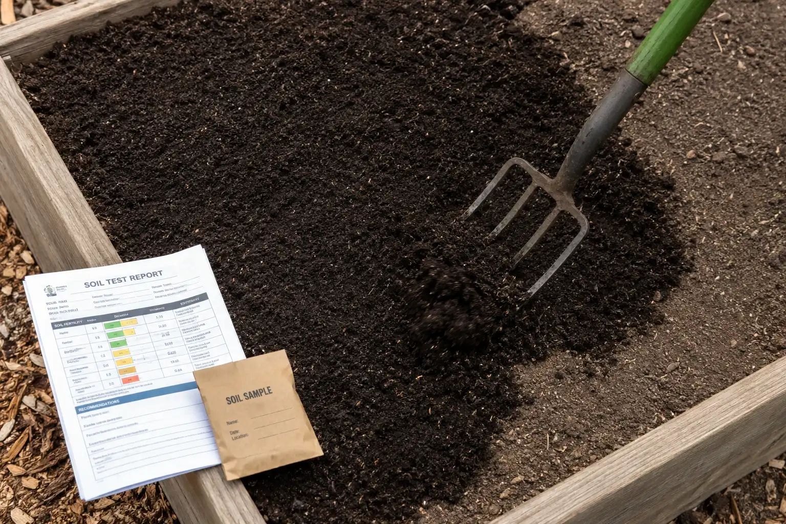 A single inch of finished compost being worked six to eight inches deep into a tomato bed, with a lab soil report alongside showing the rate came from test results