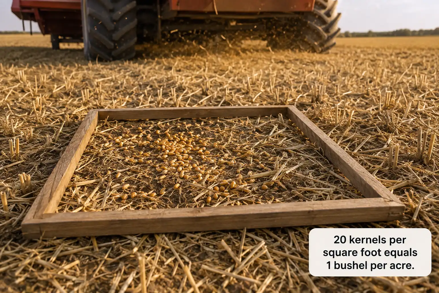 One-square-foot frame on wheat stubble behind a combine with loose kernels inside, used to measure harvest loss where 20 kernels per square foot equals one bushel per acre.