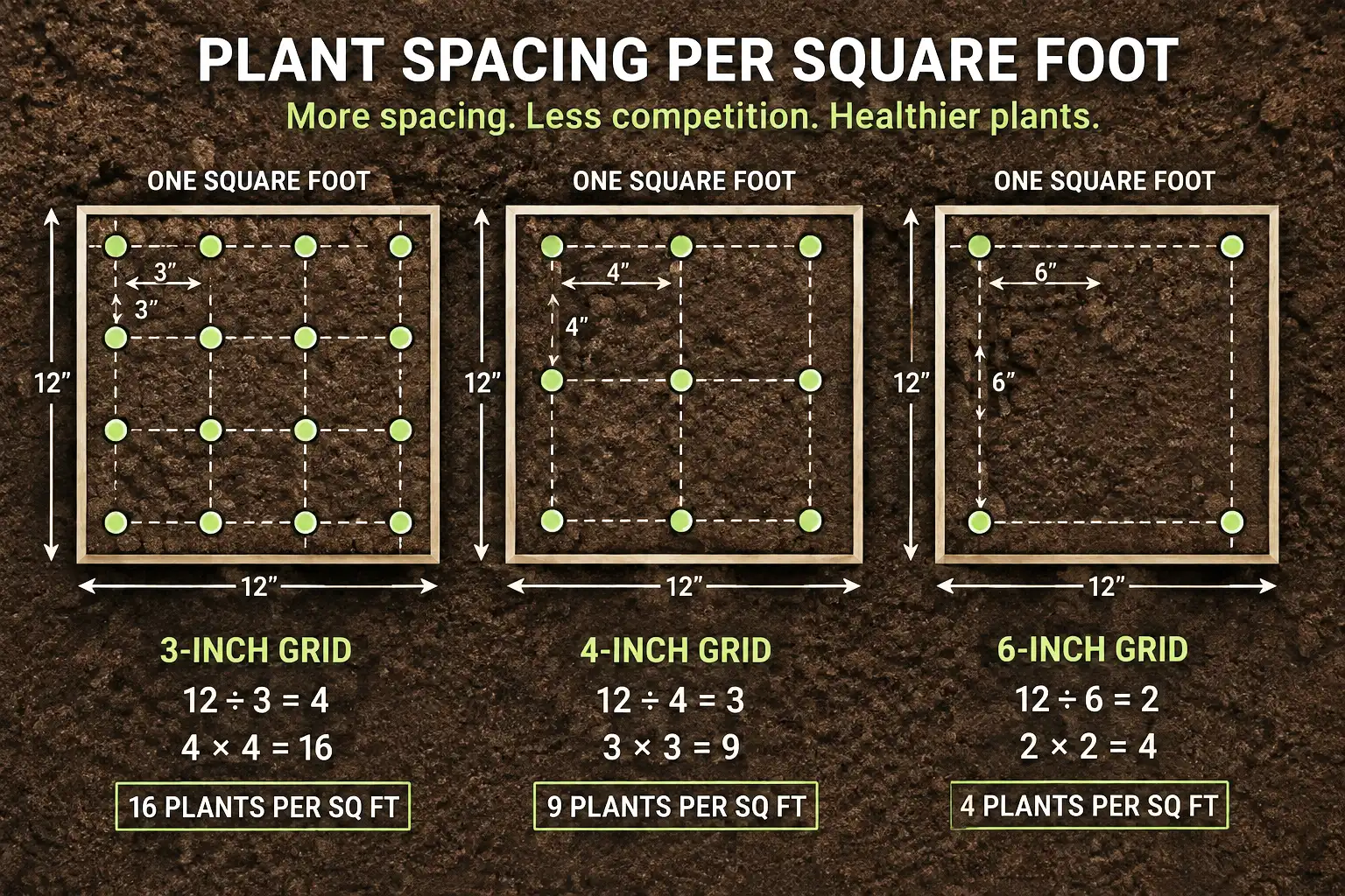 Infographic of onion grid math, dividing 144 square inches by spacing to get 16 onions at 3 inches, 9 at 4 inches, and 4 at 6 inches per square foot.