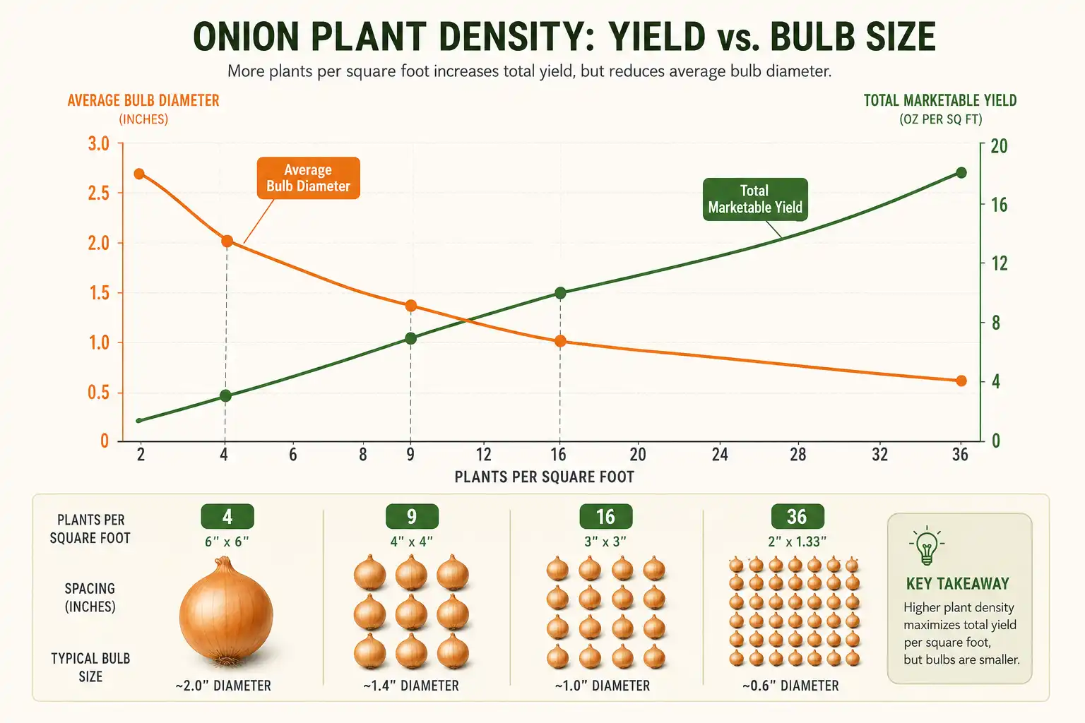Chart comparing onion planting density per square foot against total yield and average bulb size, showing yield rising and bulb diameter falling as density increases.