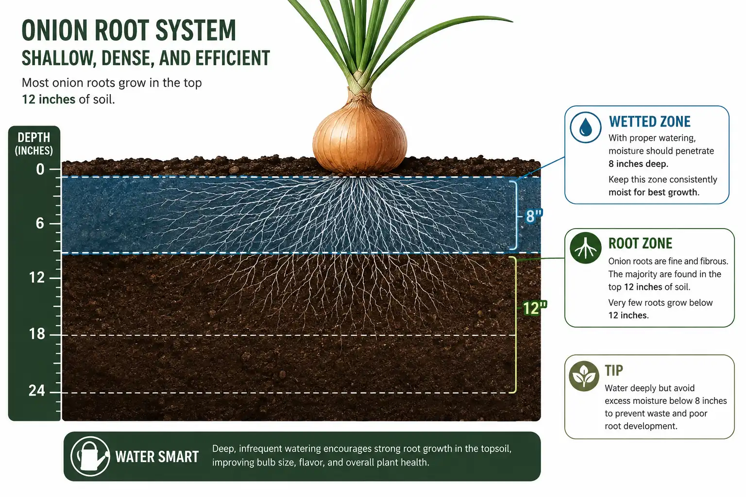Ninety percent of onion roots stay within the top twelve inches of soil, so watering only needs to wet the top six to eight inches to reach them