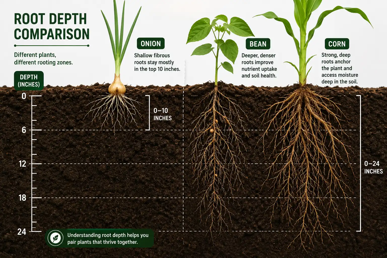 Onion roots stay sparse and shallow in the top ten inches of soil, so deeper neighbor roots reach water and nitrogen first