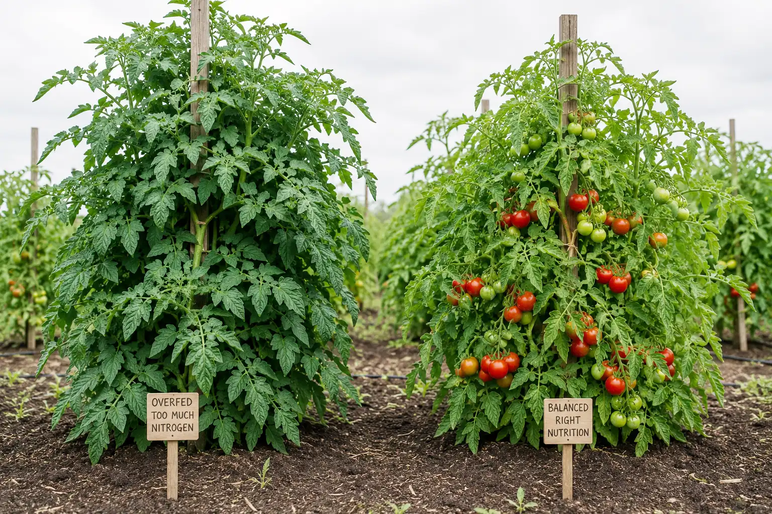 Comparison of an over fertilized tomato with dense dark foliage and sparse fruit against a balanced plant carrying full clusters.