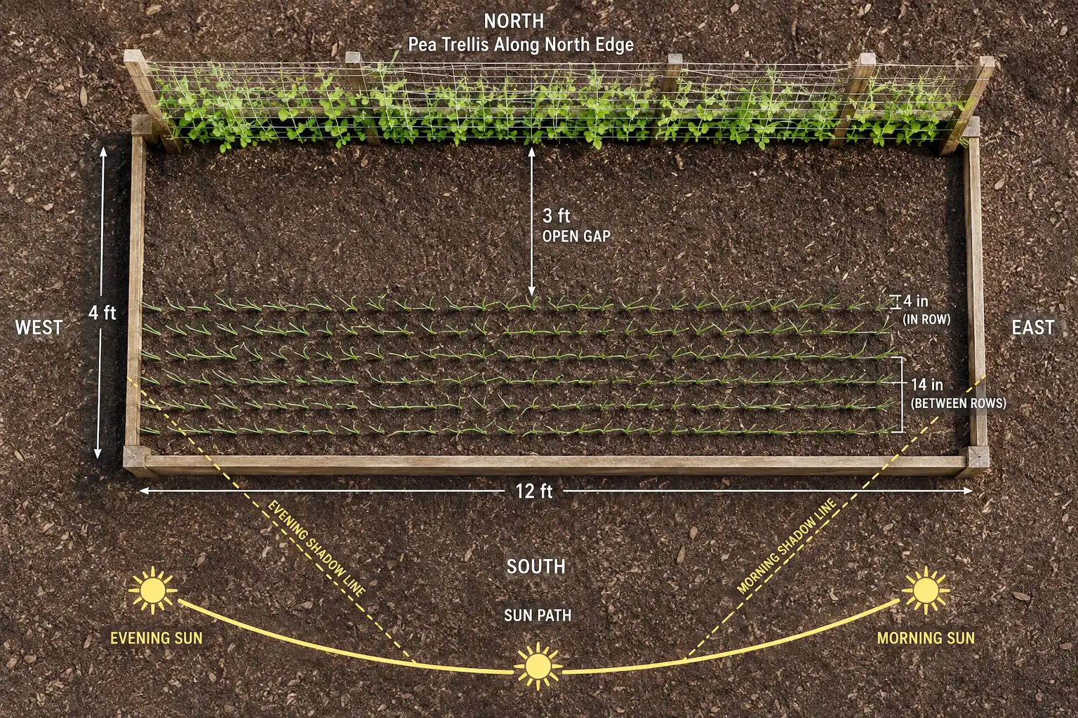 Setting the pea trellis on the north edge of an east to west bed and starting onion rows three feet south keeps the shadow off the onions through most of the day.
