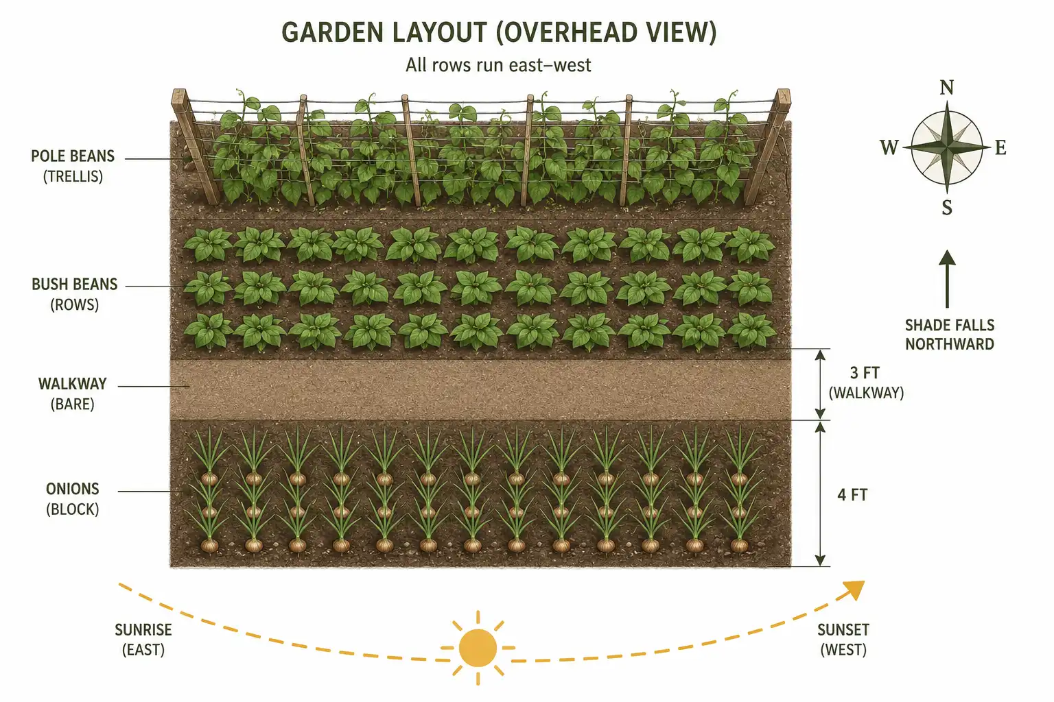 Onions belong on the south edge with three feet of open ground before bush beans and four feet before a pole bean trellis, so shade falls north away from the bulbs