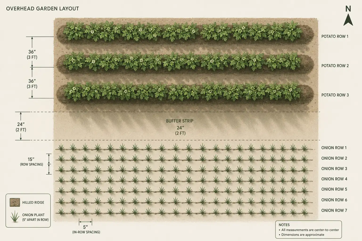 Garden layout with three hilled potato rows on the north side, a 24 inch buffer strip for hilling soil, and a tight onion block below so the taller potato vines never shade the bulbs