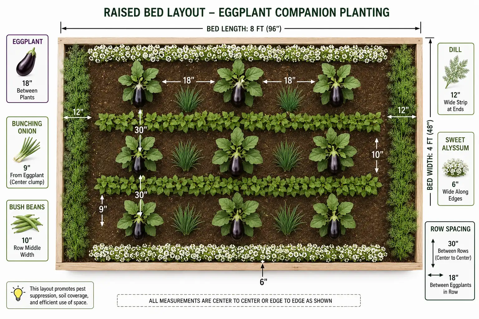 Overhead bed diagram of eggplants at 18 inches in 30 inch rows, with onions between plants, bush beans in row middles, and dill and alyssum along the edges