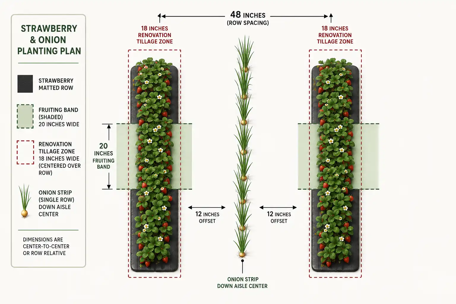 A single onion strip down the center of a 48 inch aisle stays 12 inches clear of the 20 inch strawberry fruiting band and sits outside the renovation tillage zone