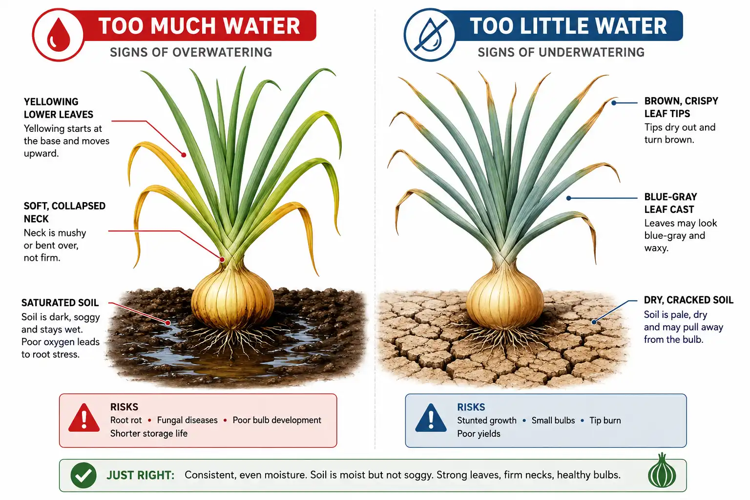 Too much water yellows the lower onion leaves and softens the neck, while too little water browns the leaf tips and turns the foliage a dull blue-gray